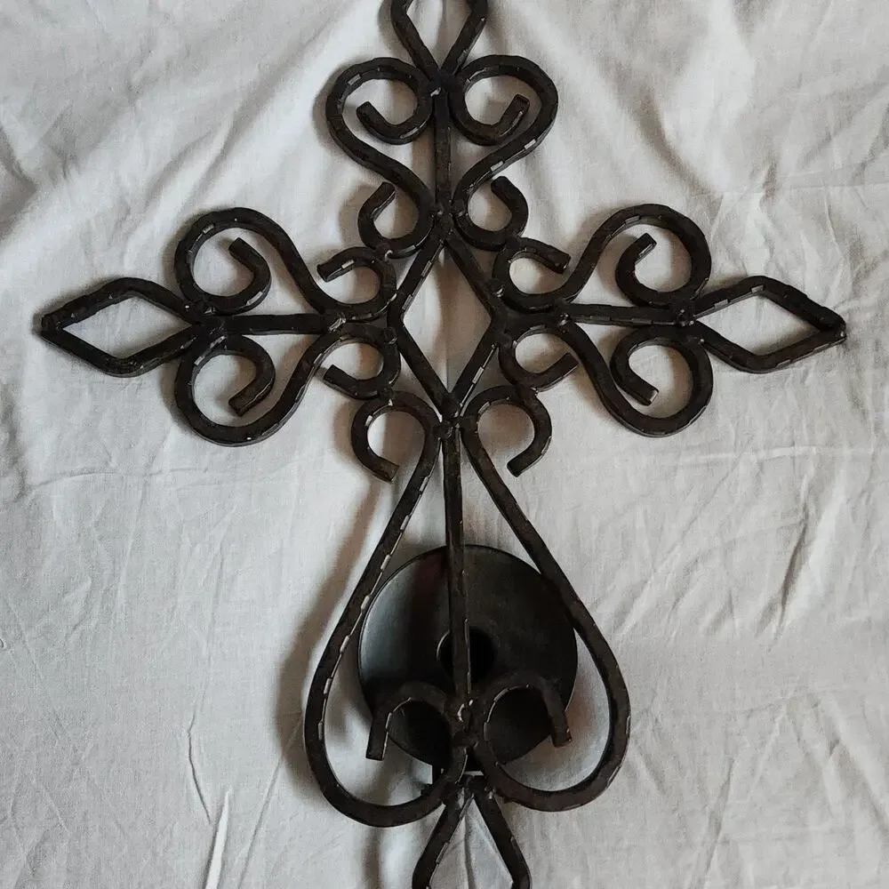 Heavy Hammered Metal Cross with Folding Candle Holder, incl. Red Glass Vase